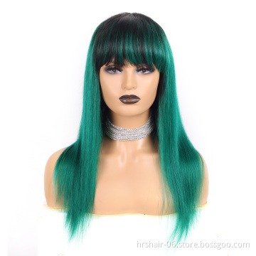 Ombre 1B/Green Color Raw Brazilian Virgin Hair Straight Wig Cuticle Aligned Human Hair Full Machine Made Wig with bangs